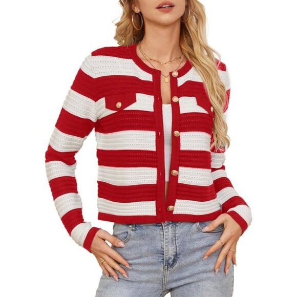 LILLUSORY Striped Cardigans RED & WHITE  Front Button Down Knit Sweater XL - Picture 1 of 1